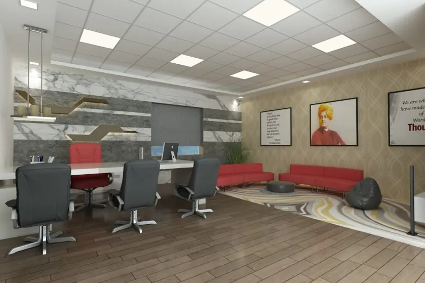Meeting area with red chairs