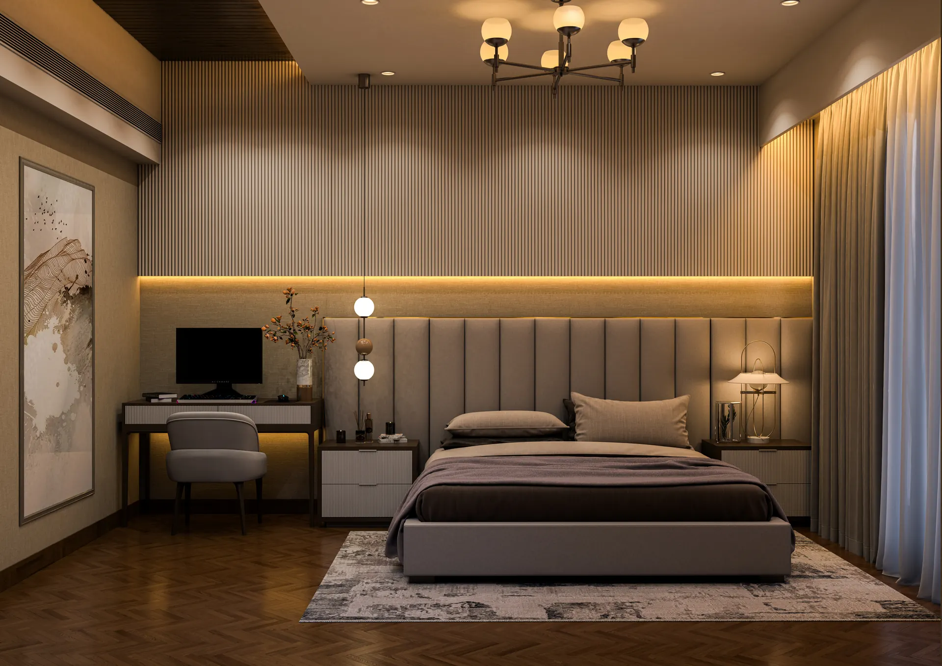 Luxury master bedroom with warm cove lighting, Pune villa