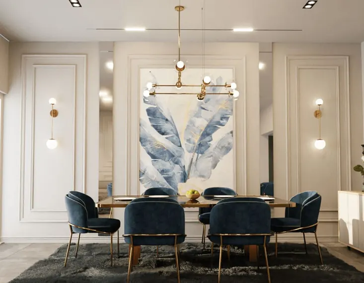 Elegant dining room with teal chairs and chandelier