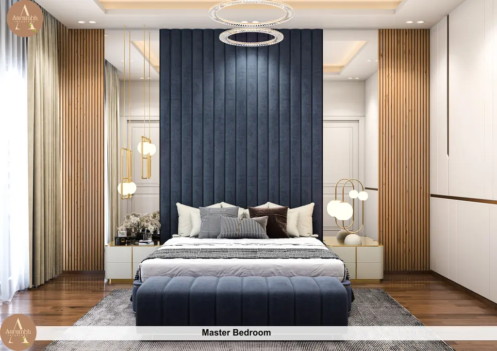 Navy blue master bedroom with panelled headboard