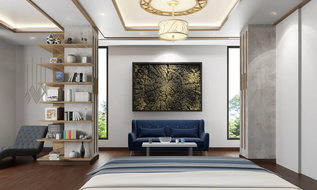 Living room with brass wall art